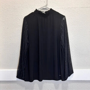 Anne Klein Black Mock Neck with Mesh Sleeves Blouse NWT Medium